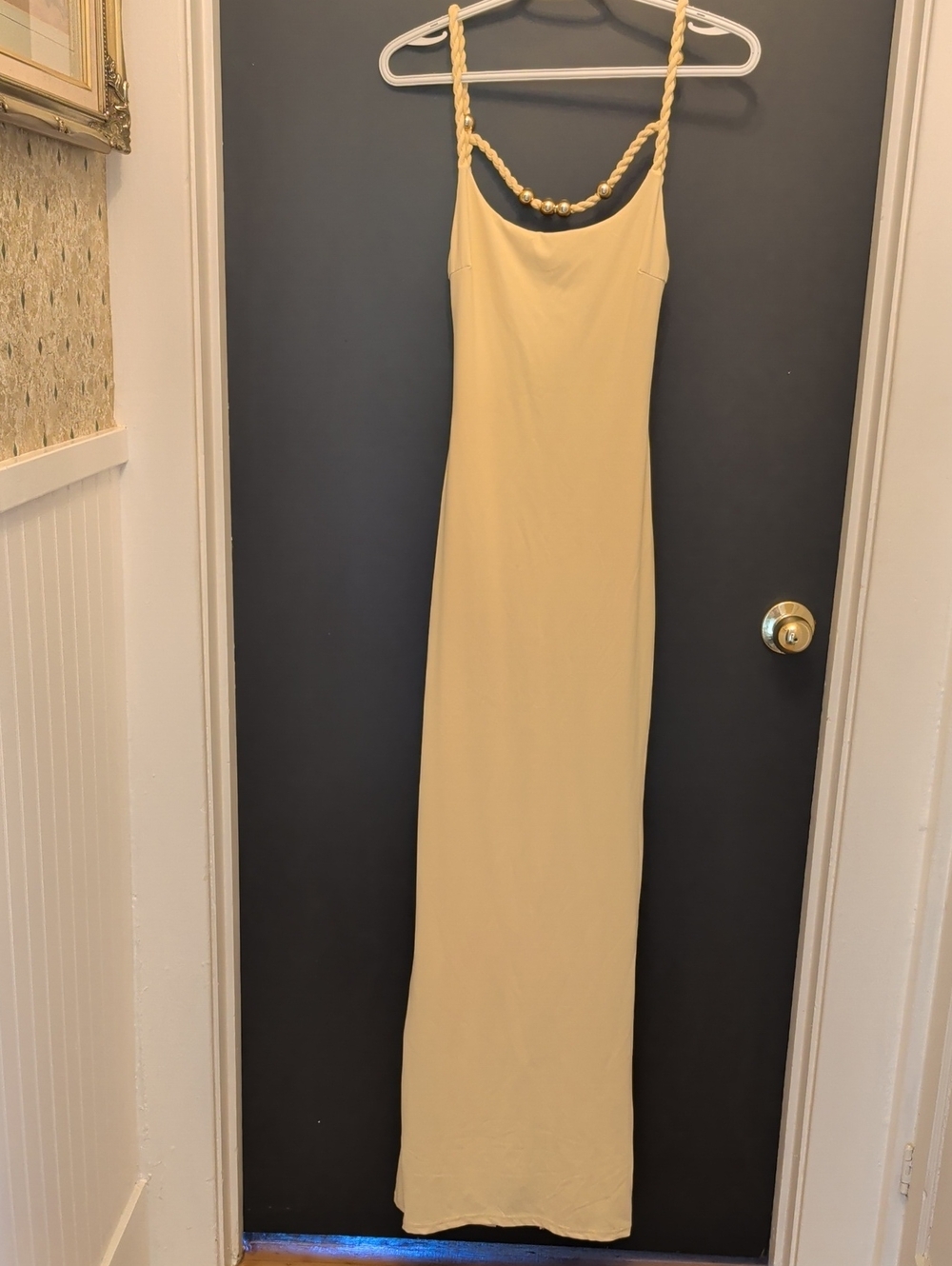 Braided Gold Pearl Trim Soft Yellow Maxi Dress